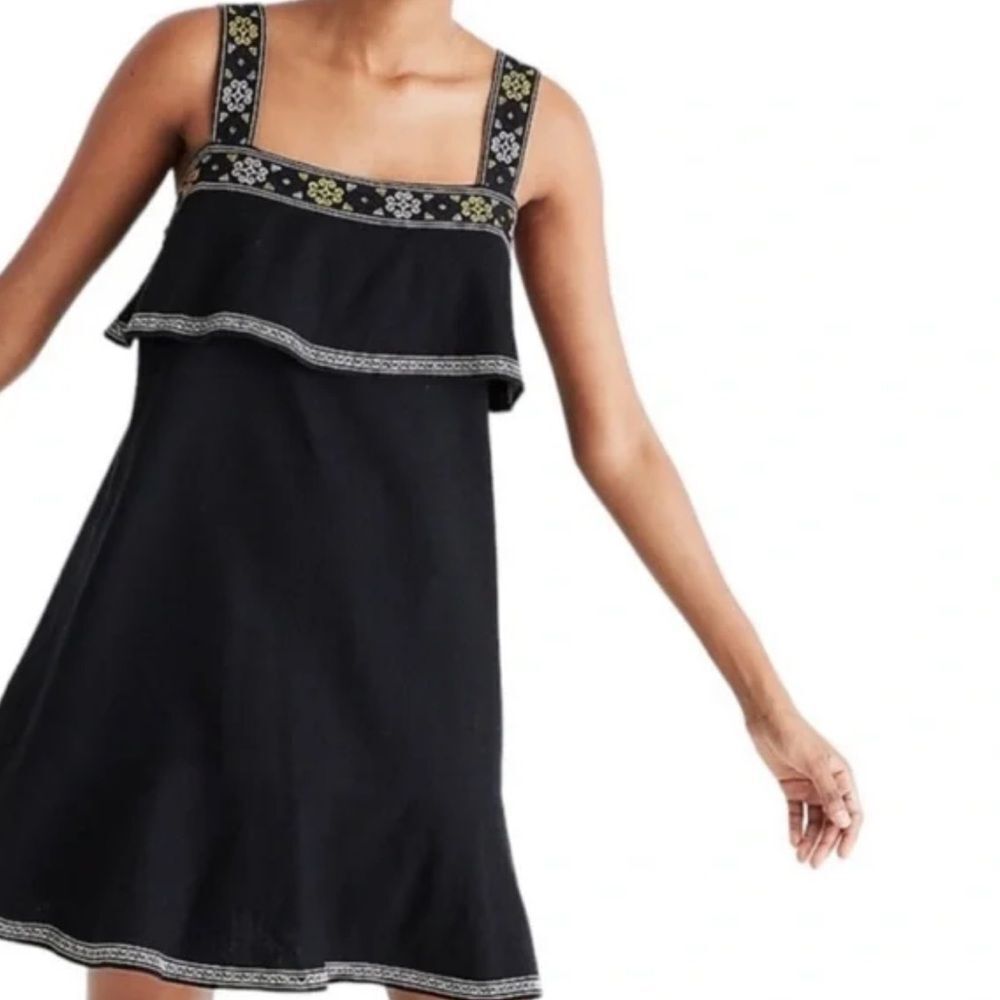 MADEWELL Dress Linen Blend Shift Tiered Mini Embroidered Sleeveless Black Large